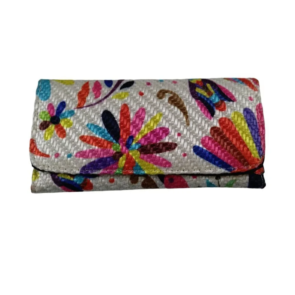 Jute Textile Trifold Floral/Bird Colorful Wallet Artsy Boho Travel Hippie